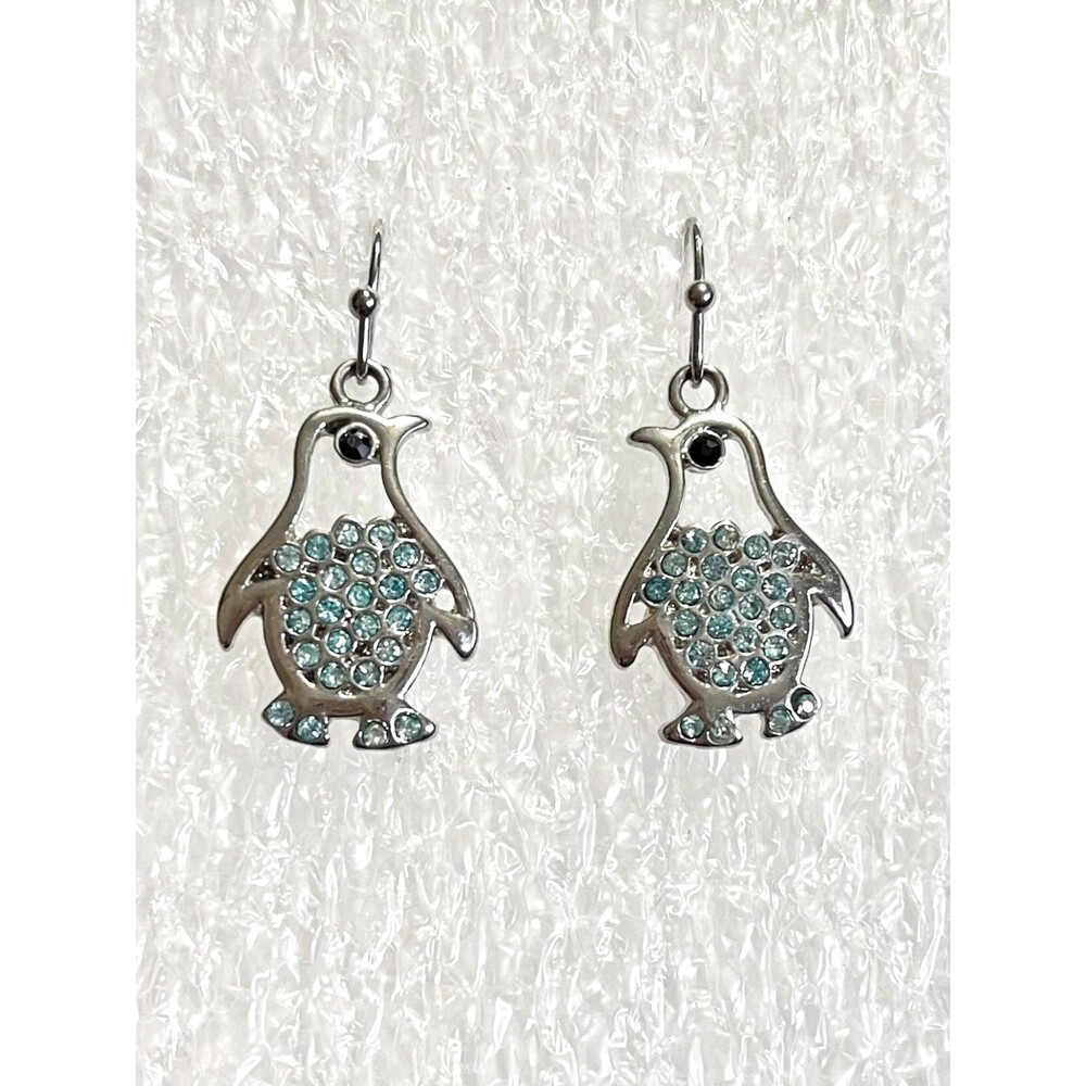 Penguin Dangle Earrings Silver Tone Blue Pave Rhinestone Accents Hooks Pierced